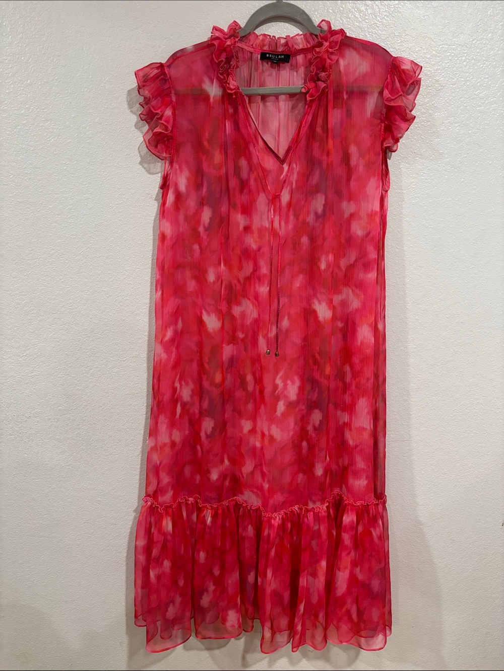 Beulah Style Pink and Red Printed Ruffle Midi Dress